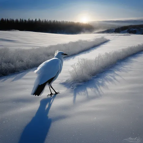 (Distant view)Best quality, Masterpiece, Hundreds of frost-white birds flew towards a pillar, snowfield, high resolution, (photograph realistic:1.4), surrealism, Dream-like,fusionart, Shadowdancer, shadow magic, darkness control, stealth, shadowstep, umbra...