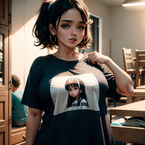 Menina gorda preta linda com uma camiseta molhada mostrando