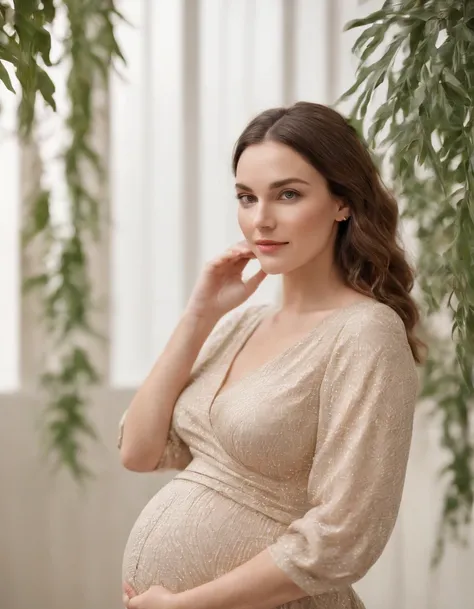 pregnant woman in beige dress printed with palm leaves, white studio background, bokeh style, dynamic composition, in the style of ultrafine detail, high quality photo, close up, 135 mm f/8 .