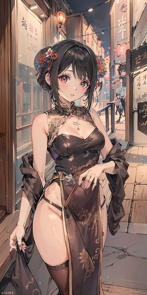 ((Best quality)), ((Masterpiece)), ((Ultra-detailed)), (illustration), (Detailed light), (An extremely delicate and beautiful),A charming young girl,on cheongsam,Hong Kong,Kowloon Street