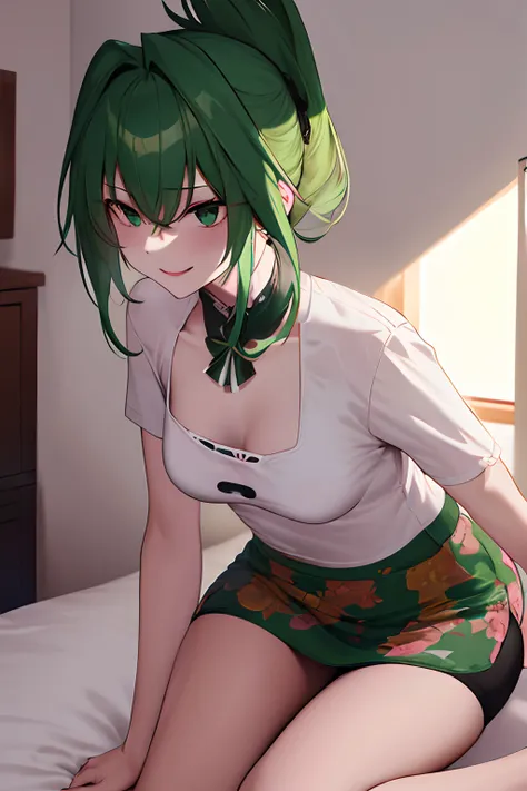 masuter piece, top-quality, hi-res, 1girl, 独奏, white  shirt、tight mini skirt with floral pattern、green hair, breastsout, folded ...