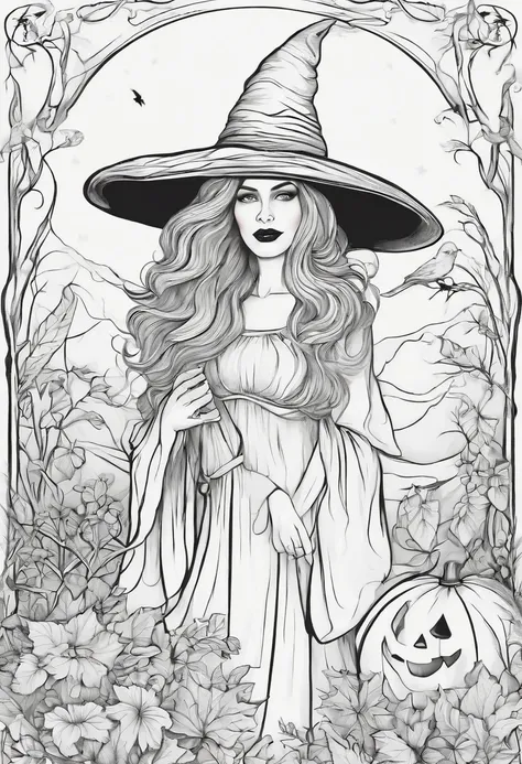 Line drawing,color no,Coloring book for kids,White background,Clear black lines isolated on white background，Halloween，the witch、Witch