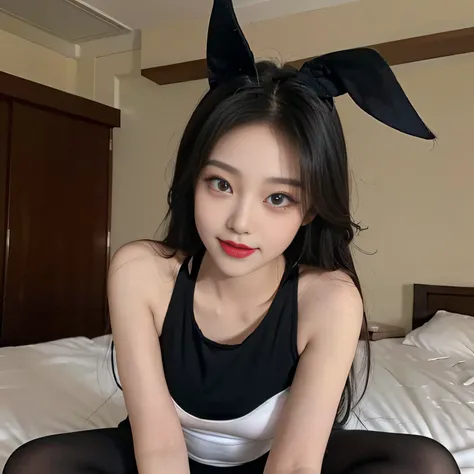 20 Years Old Cute Korean，Black premium pantyhose，Sexy bunny girl costume，Black rabbit ears，beautiful eyes in detail，eyeslashes，beautiful double eyelid，eye shadows，dropping eyes，（Elongated eyes：1.2，Narrow eyes：1.1），Perfect eye makeup，（（（seduct smile，Quiza e...