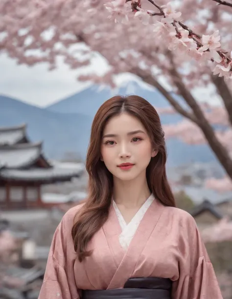 (best quality:1.4), (ultra highres:1.2), (photorealistic:1.4), (8k, RAW photo:1.2),(portrait shot:1.3), 1girl, solo, long hair, brown hair, bokeh, depth of field, kimono, japanese clothes,print_kimono,, cherry blossoms, looking at viewer,the background is ...