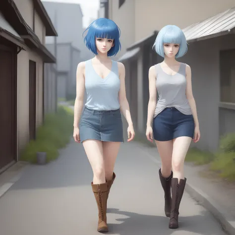 A beautiful woman wearing loose sleeveless shirt walking in the highlands, realistic anime style, legs, boots, short blue hair, asymmetrical bangs