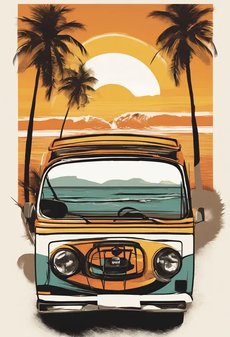 2d vector illustration, T-shirt design for jeep girls, Summers, Palm trees, (Surf: 1.1), (combi), Sunrays, (Best Quality, masutepiece: 1.3), Minimalist, (8 colors)