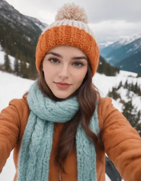 Portrait of a young woman with knit hat in snow taking a selfie, in the style of mountainous vistas, light teal and light orange, vibrant, lively, elegant, emotive faces, travel, clear facial features, 35 mm lens, accent lighting, global illumination