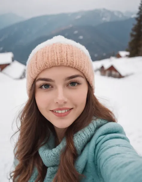 Portrait of a young woman with knit hat in snow taking a selfie, in the style of mountainous vistas, light teal and light orange, vibrant, lively, elegant, emotive faces, travel, clear facial features, 35 mm lens, accent lighting, global illumination