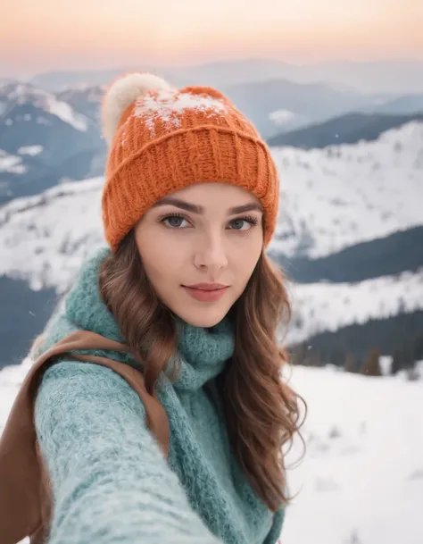 Portrait of a young woman with knit hat in snow taking a selfie, in the style of mountainous vistas, light teal and light orange, vibrant, lively, elegant, emotive faces, travel, clear facial features, 35 mm lens, accent lighting, global illumination