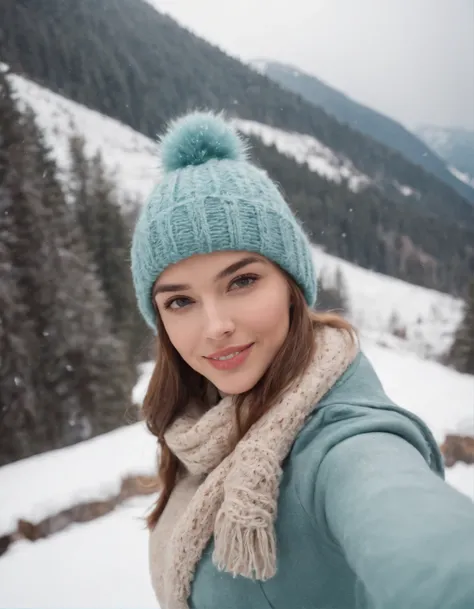 Portrait of a young woman with knit hat in snow taking a selfie, in the style of mountainous vistas, light teal and light orange, vibrant, lively, elegant, emotive faces, travel, clear facial features, 35 mm lens, accent lighting, global illumination