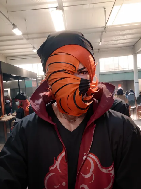 (best quality, ultra-detalhado,Altas:1.2), retrato real estilo anime, Tobi detalhado da Akatsuki, vestindo um manto preto com nuvens vermelhas, camisa de gola alta, cabelo longe estilo Madara, orange mask covering one eye, cores vibrantes, dramatic lightin...