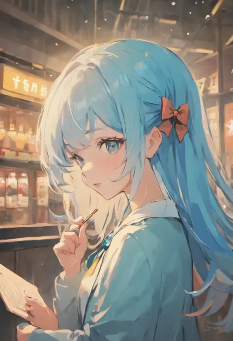 a girl with baby and light blue hair and a cute bow tie clip on her hair, face verry american-asian and verry pale, very pretty, wearing a japaneese type school shirt with a blue bow tie, shirt white, tie blue