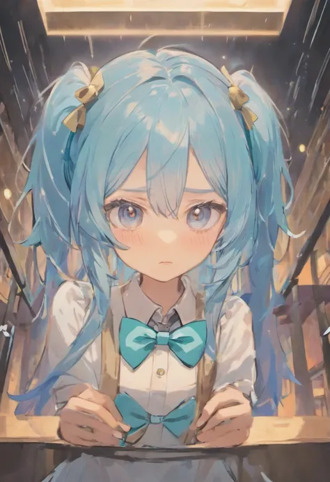 a girl with baby and light blue hair and a cute bow tie clip on her hair, face verry american-asian and verry pale, very pretty, wearing a japaneese type school shirt with a blue bow tie, shirt white, tie blue