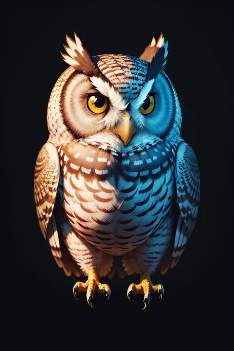 owl, T shirt design, illustration, realistic, 8K, cinematic, vibrant rich colors, high contrast, black background, full size body, no crop