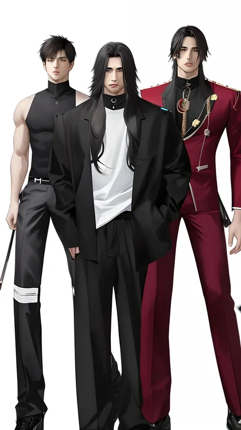 3 men with long hair, one as the leader, one with a black body and one from Asia, black clothes, white T-shirts, black brazers and red jackets