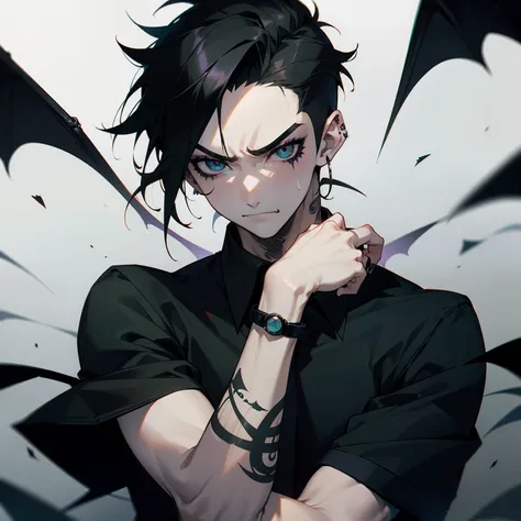 Man in shirt and tie, Male Focus, a belt, Black shirt, The tattoo, Short sleeves , Short hair, Black Short Sleeve Polo Shirt, Green tie, Black pants, punk, Raised eyebrows, Floppy bangs, Spiky back hair, Undercut , Simple black earrings, devil, Bat, Angry ...