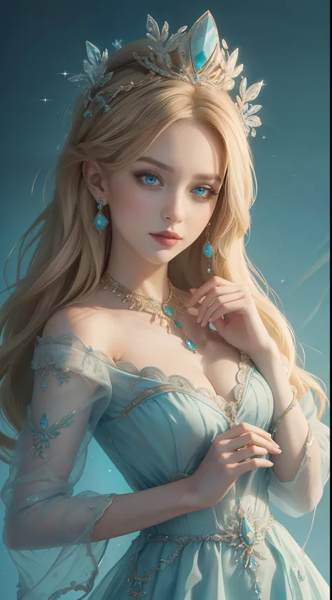 tmasterpiece，Highest image quality，Beautiful bust of royal women，Delicate blonde hairstyle，Turquoise eyes，Decorated with dazzling intricate jewelry，super detailing，upscaled。