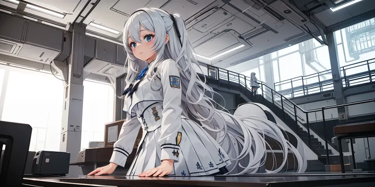 ((Best quality)), ((Masterpiece)), ((Ultra-detailed)), (illustration), (Detailed light), (An extremely delicate and beautiful),A charming young girl,White school uniform,long  white hair,sense of science and technology,Futuristic style city