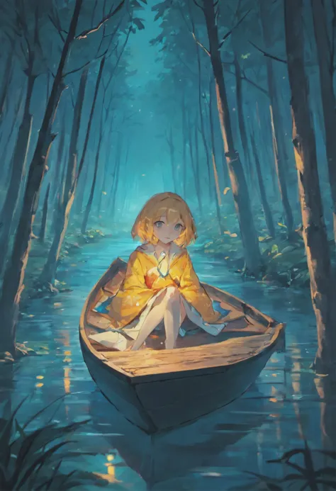 in a night forest, a girl sitting on a boat, The boat shape is a origami crane,a beautiful artwork illustration, snowy forest, stylized digital illustration, colorful illustration, colourful illustration cute detailed digital art, cute digital art, 2. 5 d ...