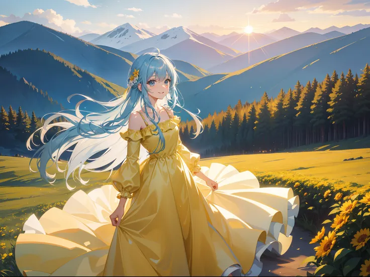 On a hill with mountains in the distance　Sunset　Pretty girl　Light blue long hair　A charming smile　Yellow long dress　Dress and hair fluttering in the wind　Face Highlights