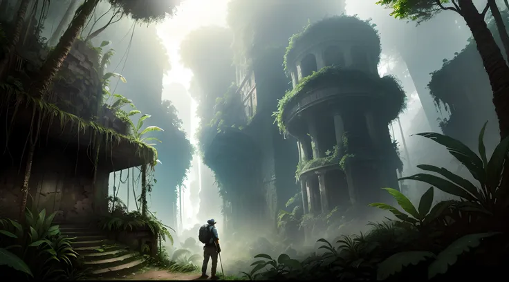 An explorer in the jungle，There are some ruins in the jungle，The atmosphere is tense，mistic，Cinematic