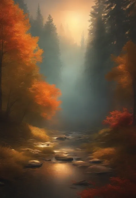 Create an AI-powered artwork inspired by natures beauty, blending vibrant colors of sunrise and the tranquility of a forest in autumn. The artwork should evoke a sense of awe and serenity, with an emphasis on the interplay of light and shadow. Use advanced...