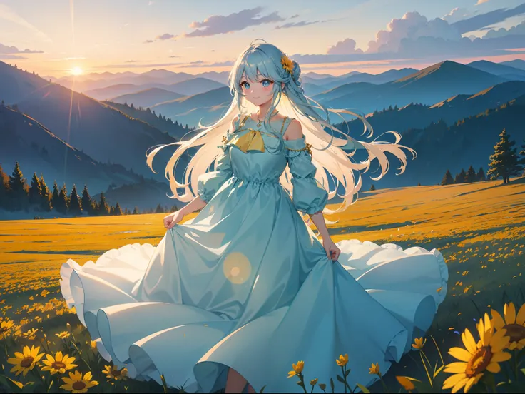 On a hill with mountains in the distance　Sunset　Pretty girl　Light blue long hair　A charming smile　Yellow long dress　Dress and hair fluttering in the wind　Face Highlights