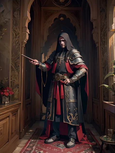 Castlevania Lord of the shadows hyper realistic super detailed moroccan version Lord Dracula wearing Islamic Armor in great Legendary riad room