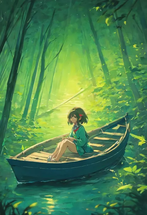 in a night forest, a girl sitting on a boat, The boat shape is a origami crane