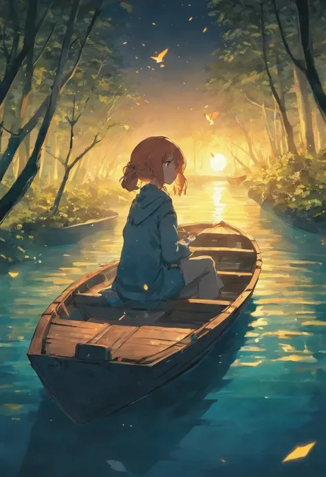 in a night forest, a girl sitting on a boat, The boat shape is a origami crane