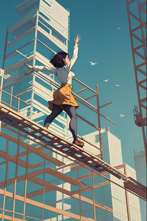 A beautiful woman walking over a construction site scaffolding , outstretched arms, balancing