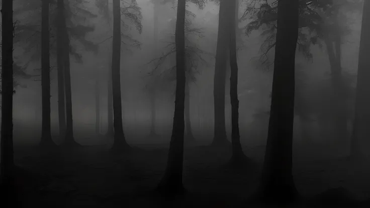 dark and foggy forest, very misty forest, dense forest, rainy, overcast sky, dark weather, 8k, high resolution