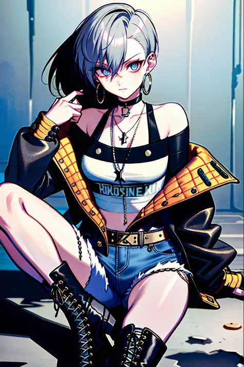 (Masterpiece:1.2, Best quality), 1lady, Solo, Upper body, Hair: buzz cut, Clothing: Oversized, Distressed denim jacket，With patches and pins, paired with black skinny jeans and combat boots, Accessories: silver hoop earrings and a black choker necklace, Ha...