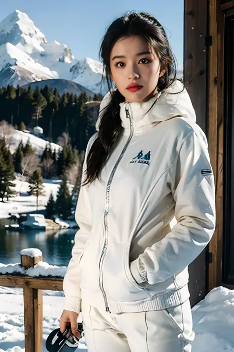 1girll, solo, white sweater, white ski suit, cold pants, white snow boots, ski, skiing, action sports, en plein air, snow mounta...