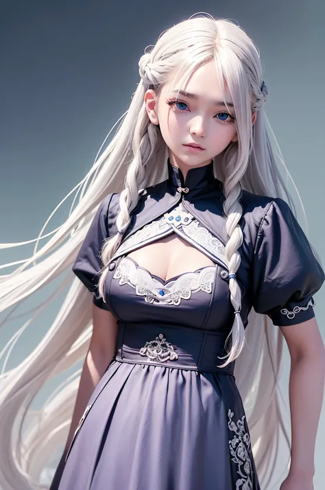 ​masterpiece, 独奏, high-detail, The ultra -The high-definition, 超A high resolution, (Photorealsitic:1.333), (top-quality), (Best Shadows), detaileds, Perfect litthing, white  hair, Very long hair, Braids, (blue eyess),, Smokey Makeup, a closeup, portlate, (...