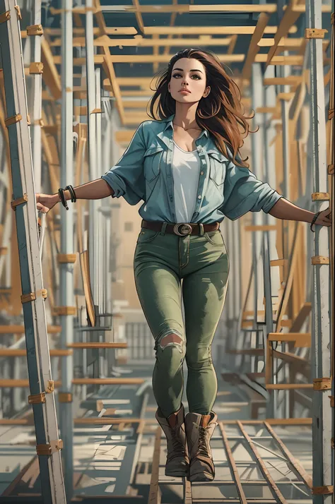 A beautiful woman walking over a construction site scaffolding , outstretched arms, balancing