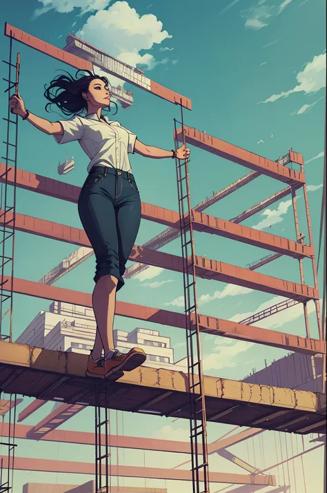 A beautiful woman walking over a construction site scaffolding , outstretched arms, balancing