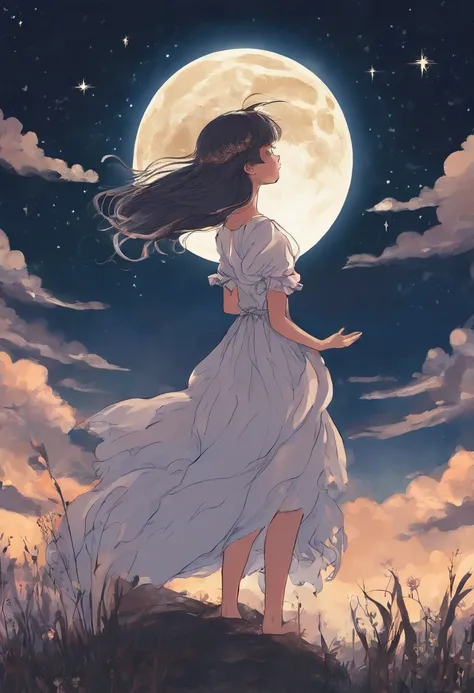 Full Moon Sky、nigh sky、Girl looking up at the sky