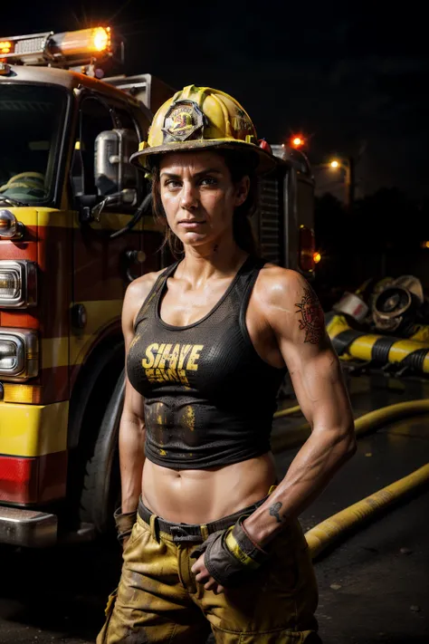 female firefighter, 25 years old, yellow firefighter helmet, black tank top, tattoos, firefighting gear, fire kit, sweaty, dirty, smudgy, tired, toned body, abs, concerned facial expression, leaning against a red firetruck, candid shot, looking at the came...