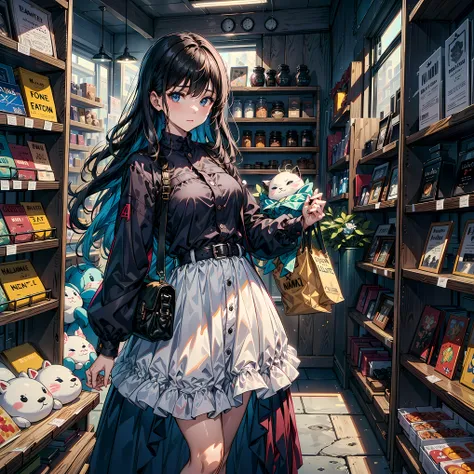 (master part, Qualidade Superior, best quality, Arte Oficial, Beautiful and Aesthetic:1.2), (1girl:1.3), extremamente detalhado,colorido,mais alto detalhado, de cima, sozinho, 1Girl standing in a store with lots of stuffed animals on the shelves and a bag ...