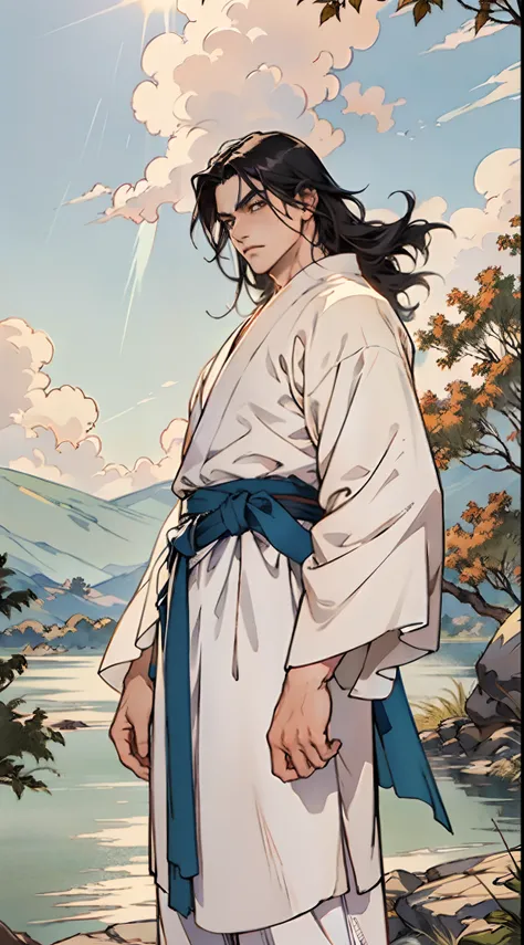 A young man with thick jet-black hair, Medium-length hair, clear and bright eyes, a relaxed and composed demeanor, handsome features, stands by the side of a vast and bright lake, dressed in a loose white robe, the hem flowing gracefully in the wind, wide ...