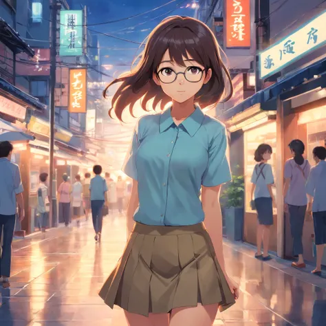 masterpiece, beautiful young girl japanese-indonesian, cute young girl in a shirt and short skirt, girl long hair, girl wearing thin rounded glasses, cute young woman, asian, background placed in Indonesia, ideal girl, full body look