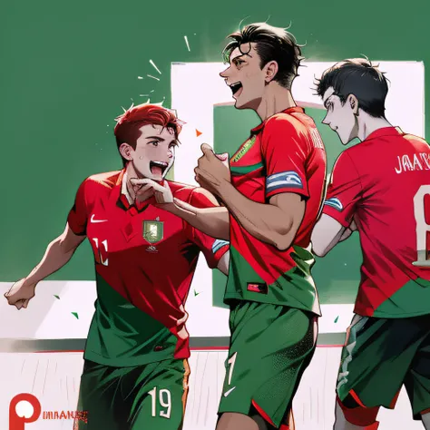 players in red and green uniforms national team portugal jersey are celebrating a goal, portugal, description, youtube thumbnail, jonas roscinas, dan dos santos, malika favre, mateus 9 5, daniel mirante, joel torres, profile pic, profile image, very excite...