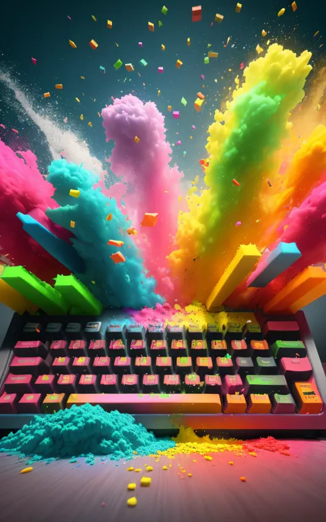 Bright colored powder is flying out of a keyboard, colorful octane render, Teclado RGB, colorful vivid octane render, colorful explosion, explosion of colors, cinema 4d render colorido, an explosion of colors, mechanical keyboard, colorful explosion, Color...