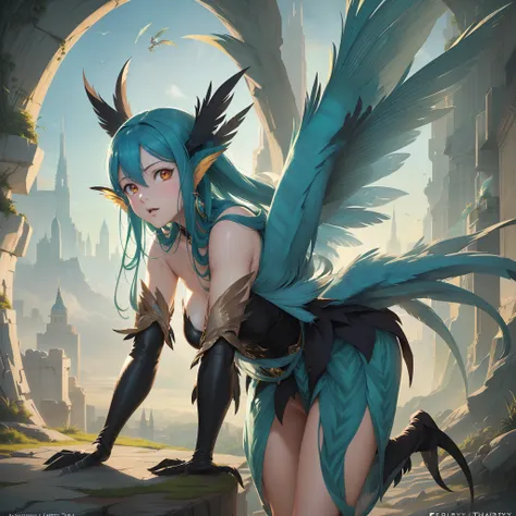 ((Finest quality)),(超A high resolution),(ultra-detailliert),((Best Anime)),sharpnes,Clear,Fantasy art with astounding depictions, ((Female Harpy:1.6)),Harpyia,Flying in the sky