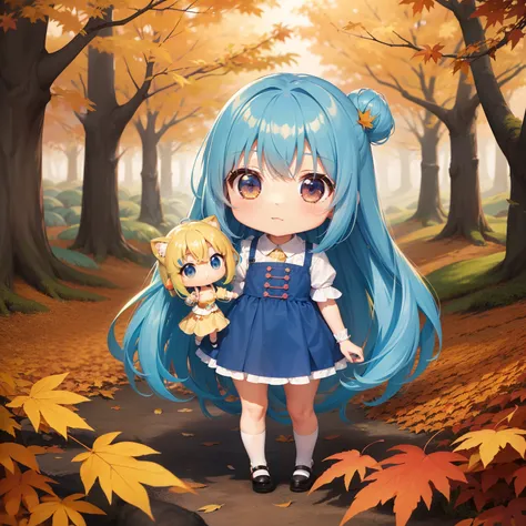 Chibichara　long hair with blue hair((Chibi Chara))、Fluffy、girl with、Chibi Chara、full body Esbian、Pastel colors hair、masutepiece、top-quality、In the forest of autumn leaves with falling leaves