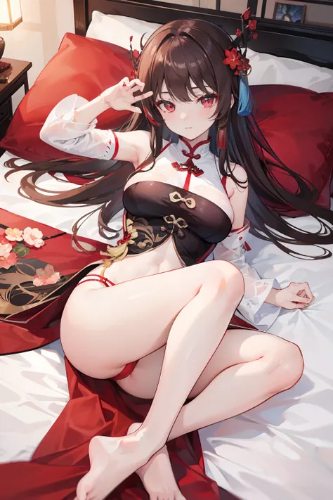 hu tao from genshin impact, long beautiful brown hair, beautiful red eyes with flowers in them, laying on her bed, bare legs, legs raised, seductive, white panties shown, smooth skin, 8k, high resolution, looking at viewer