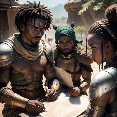 A group of African warriors strategizing before a battle: Illustrate a scene where African warriors are huddled together, discussing battle plans and studying a map. Show their determination and focus as they prepare to enter the battlefield.
Remember to a...