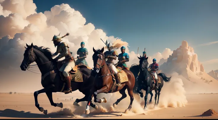 African warriors on horseback: Create an image of African warriors riding on horseback, displaying their equestrian skills as they maneuver through the battlefield. Showcase their agility and expertise in mounted warfare.Remember to approach these prompts ...