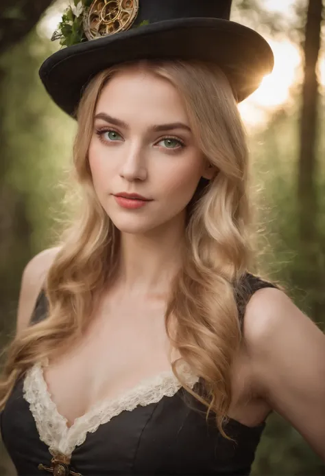 steampunk women around 18 years old, Natural blond hair, Distinctive green eyes, Wearing steampunk top hat, slender and graceful,, Beautiful, Candlelight in medieval atmosphere, Ultra Sharp Focus, realistic shot, Womens clothing in the Middle Ages, Tetradi...